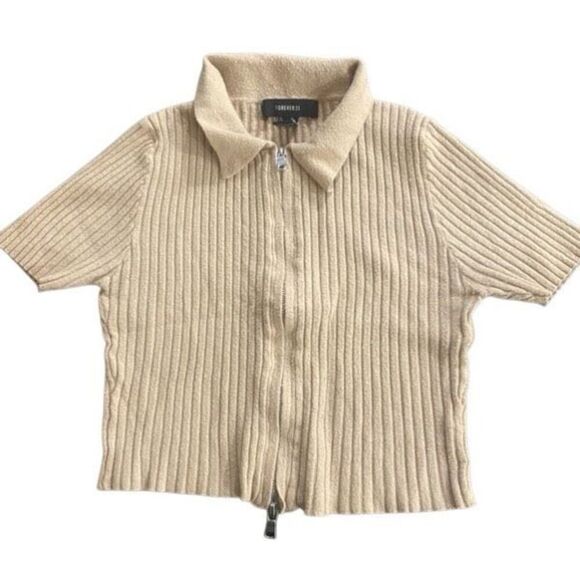 Forever 21 Y2K collared front zip ribbed cropped medium blouse tan - Picture 1 of 5